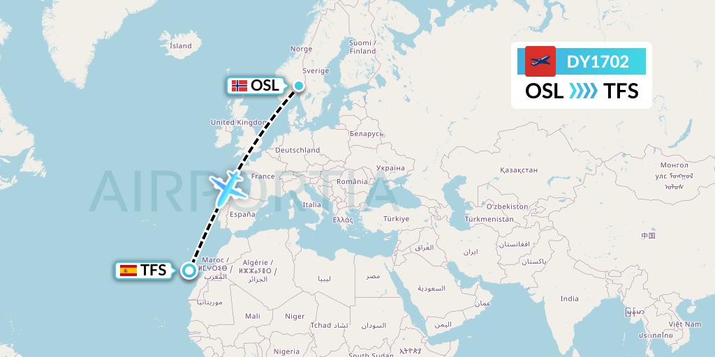 DY1702 Norwegian Flight Map: Oslo to Tenerife