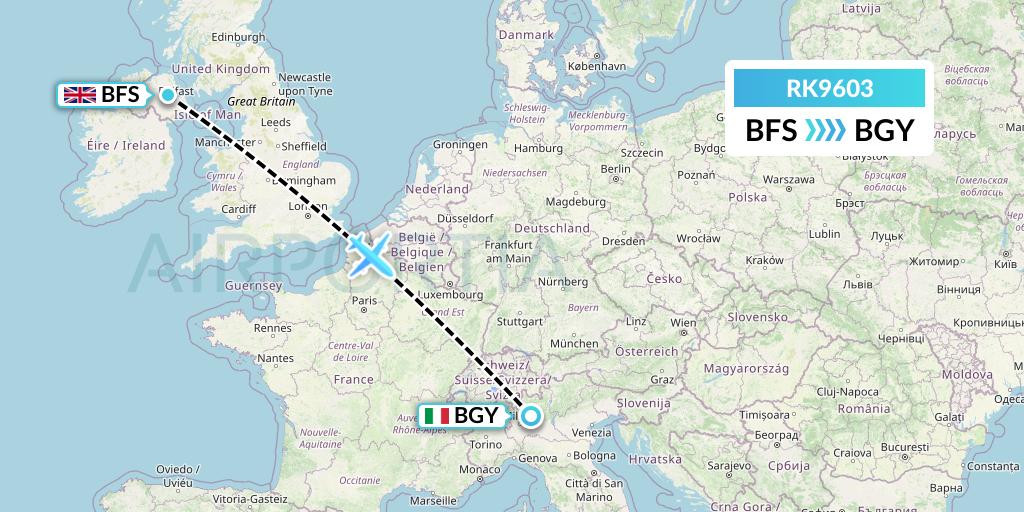RK9603 Ryanair UK Flight Map: Belfast to Milan