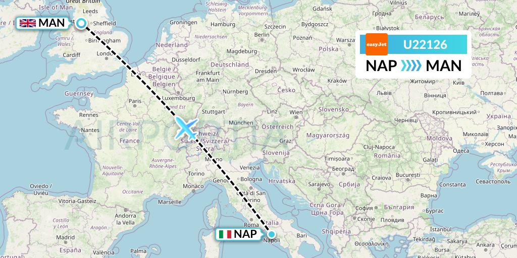 U22126 EasyJet Flight Map: Naples to Manchester