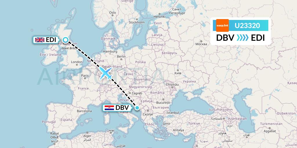 U23320 EasyJet Flight Map: Dubrovnik to Edinburgh