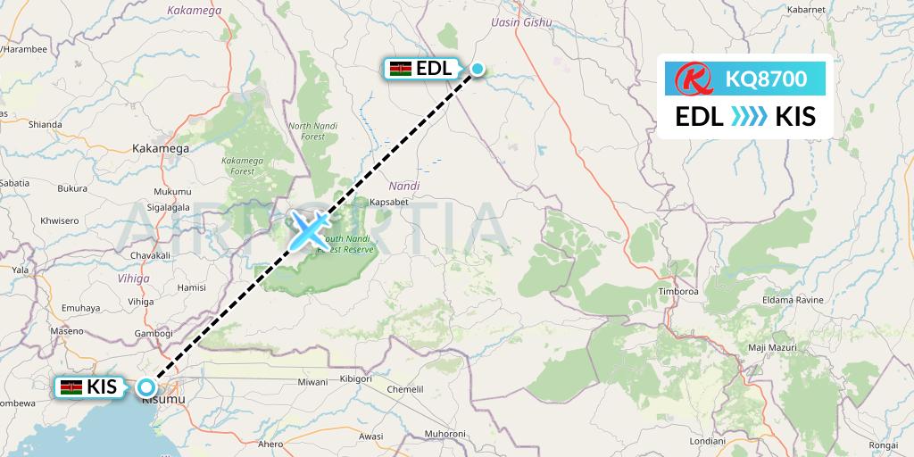 KQ8700 Kenya Airways Flight Map: Eldoret to Kisumu