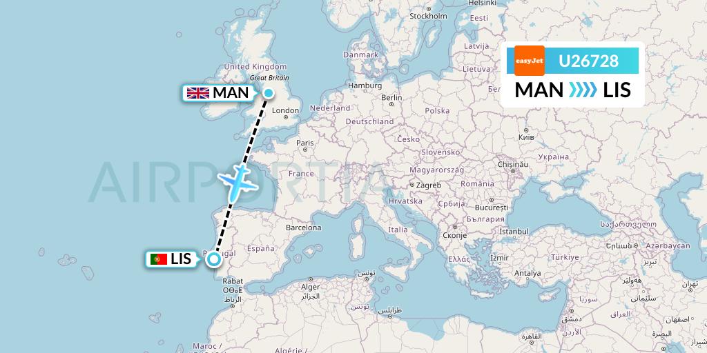 U26728 EasyJet Flight Map: Manchester to Lisbon