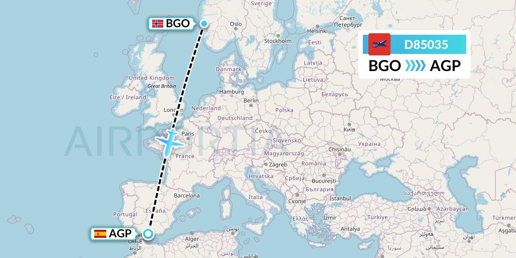 D85035 Norwegian Air International Flight Map: Bergen to Malaga