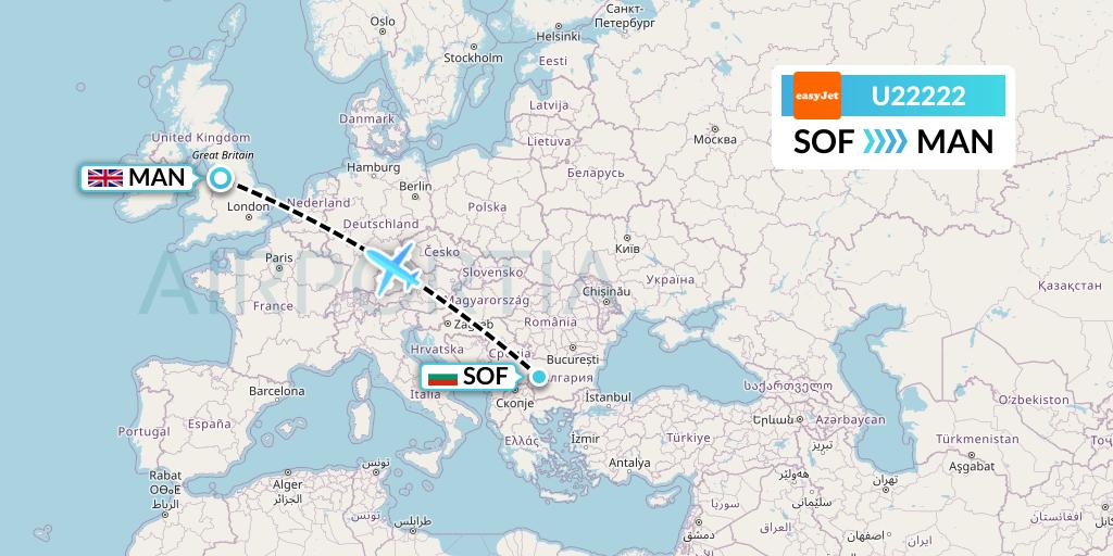 U22222 EasyJet Flight Map: Sofia to Manchester