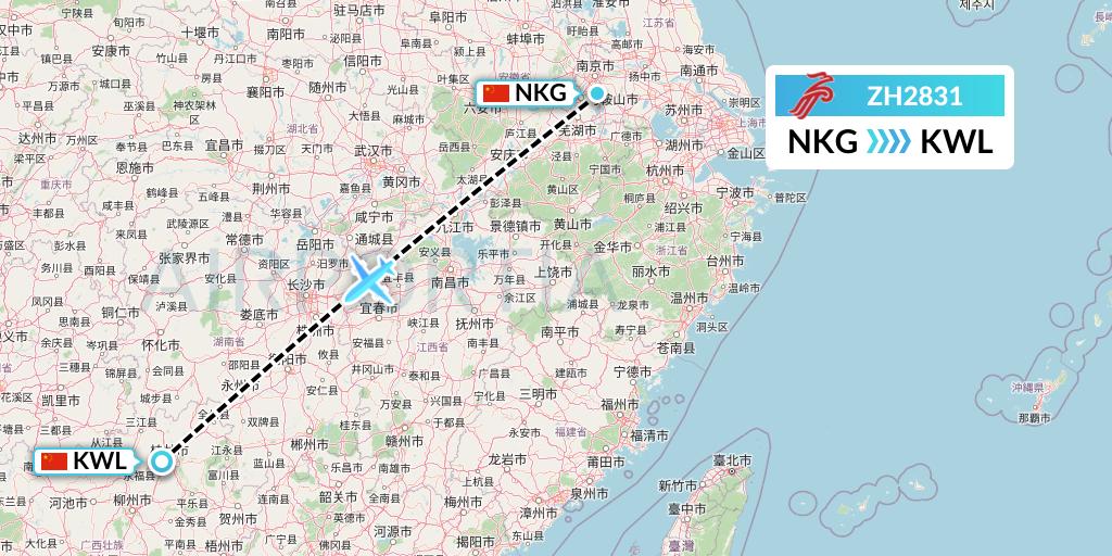 ZH2831 Shenzhen Airlines Flight Map: Nanjing to Guilin