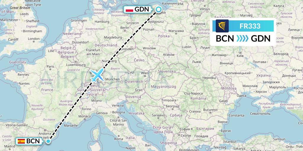 FR333 Ryanair Flight Map: Barcelona to Gdansk