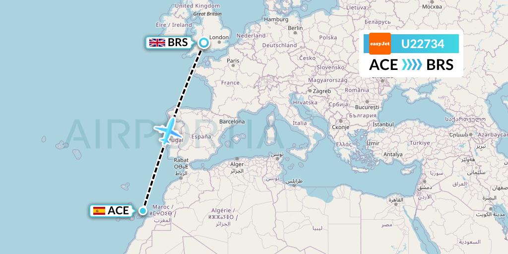 U22734 EasyJet Flight Map: Lanzarote to Bristol