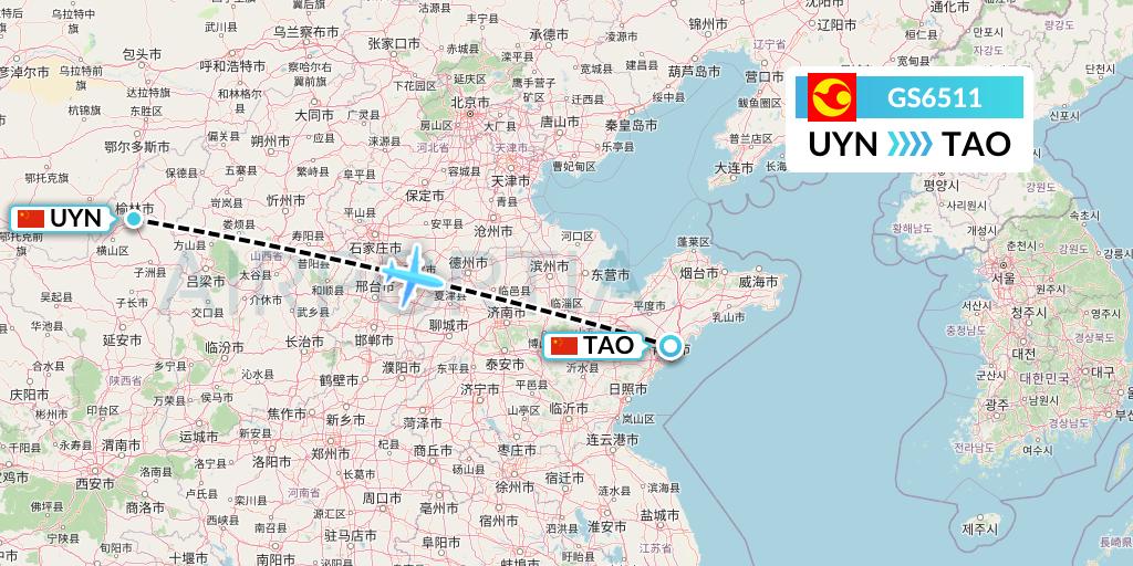 GS6511 Tianjin Airlines Flight Map: Yulin to Qingdao