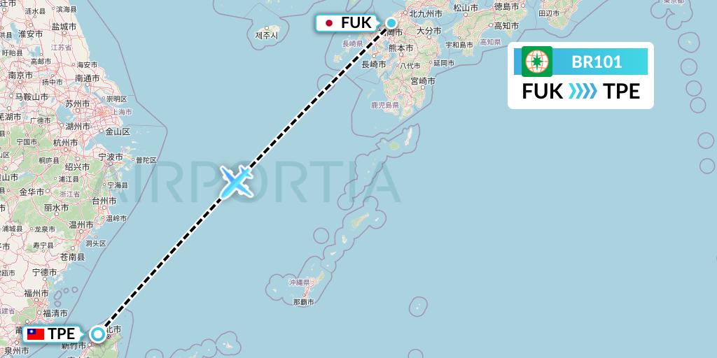 BR101 EVA Air Flight Map: Fukuoka to Taipei