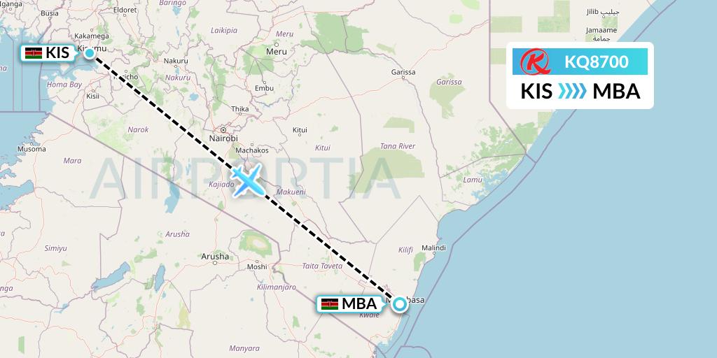 KQ8700 Kenya Airways Flight Map: Kisumu to Mombasa