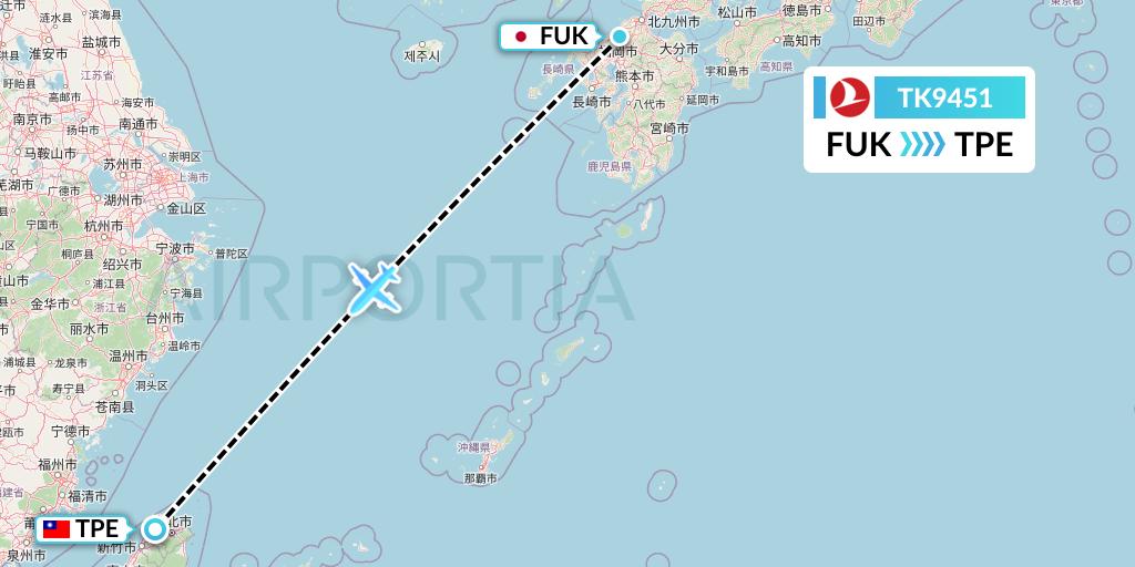 TK9451 Turkish Airlines Flight Map: Fukuoka to Taipei
