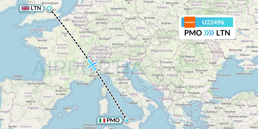 U22496 EasyJet Flight Map: Palermo to London