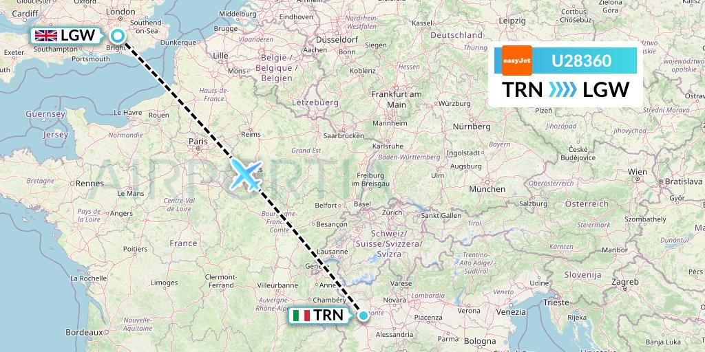 U28360 EasyJet Flight Map: Turin to London