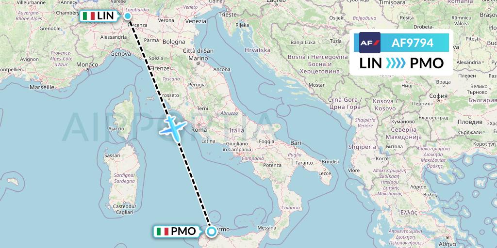 AF9794 Air France Flight Map: Milan to Palermo