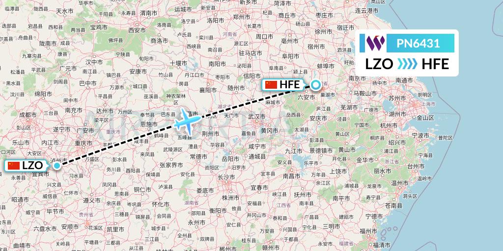PN6431 China West Air Flight Map: Luzhou to Hefei