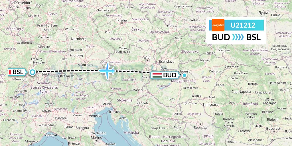 U21212 EasyJet Flight Map: Budapest to Basel