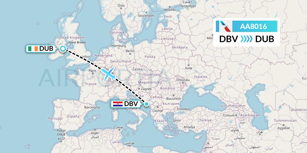 AA8016 American Airlines Flight Map: Dubrovnik to Dublin