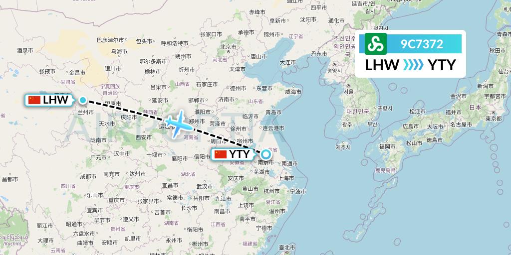 9C7372 Spring Airlines Flight Map: Lanzhou to Yangzhou