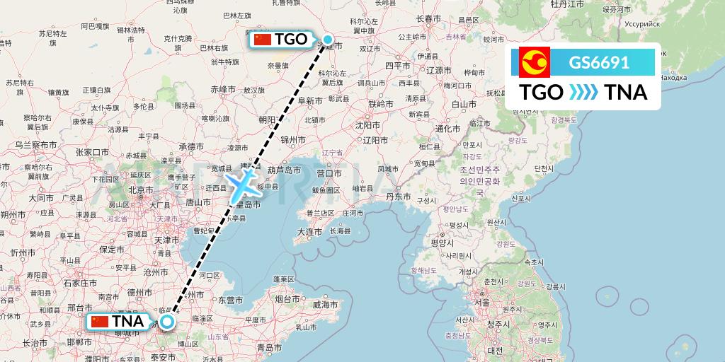 GS6691 Tianjin Airlines Flight Map: Tongliao to Jinan