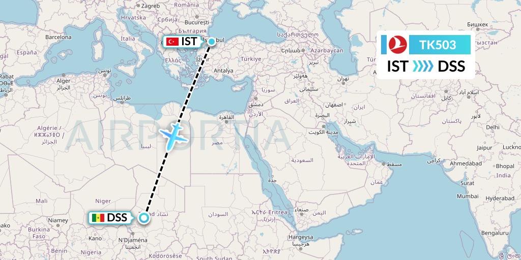 TK503 Turkish Airlines Flight Map: Istanbul to Dakar