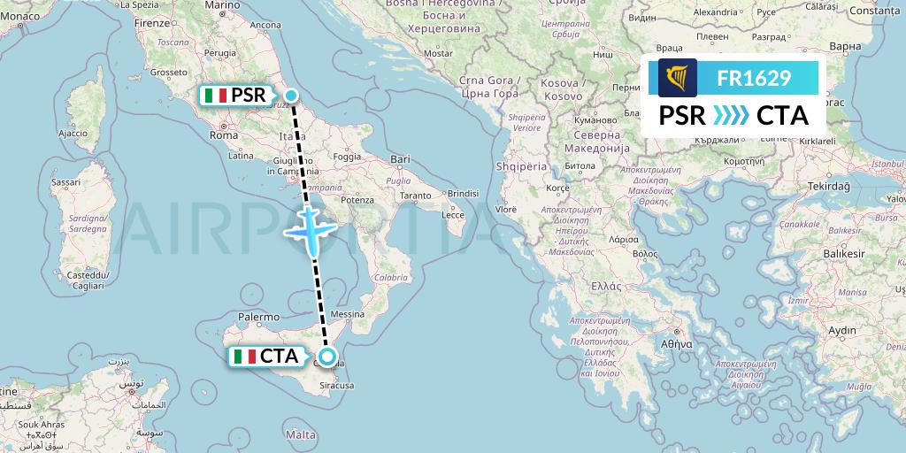 FR1629 Ryanair Flight Map: Pescara to Catania