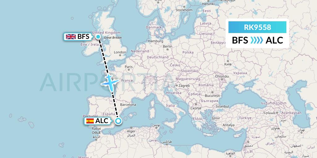 RK9558 Ryanair UK Flight Map: Belfast to Alicante