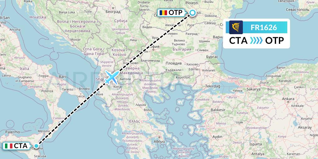 FR1626 Ryanair Flight Map: Catania to Bucharest