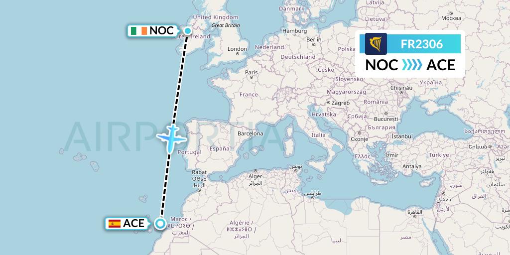 FR2306 Ryanair Flight Map: Knock to Lanzarote