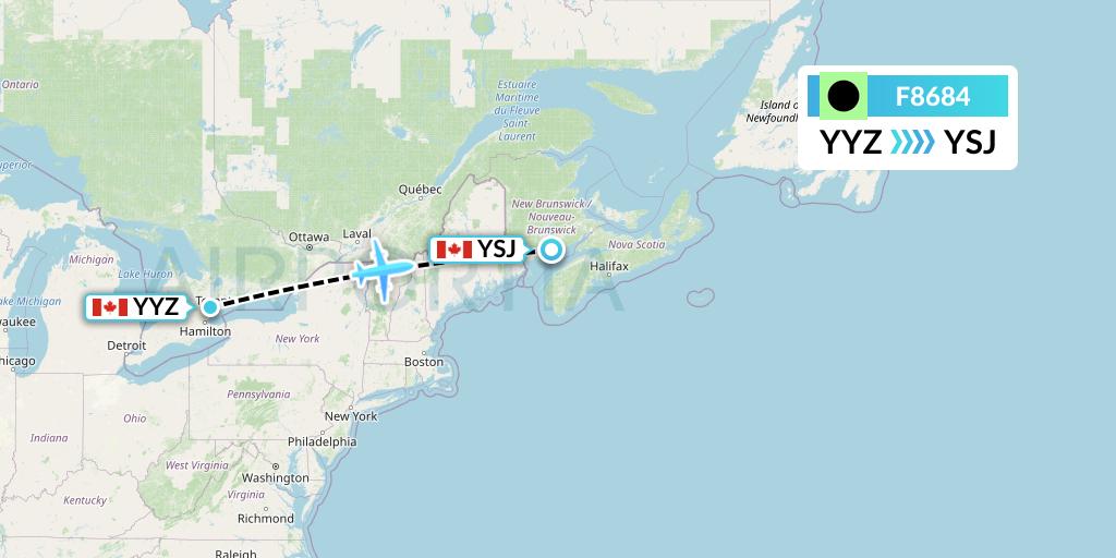 F8684 Flair Airlines Flight Map: Toronto to Saint John