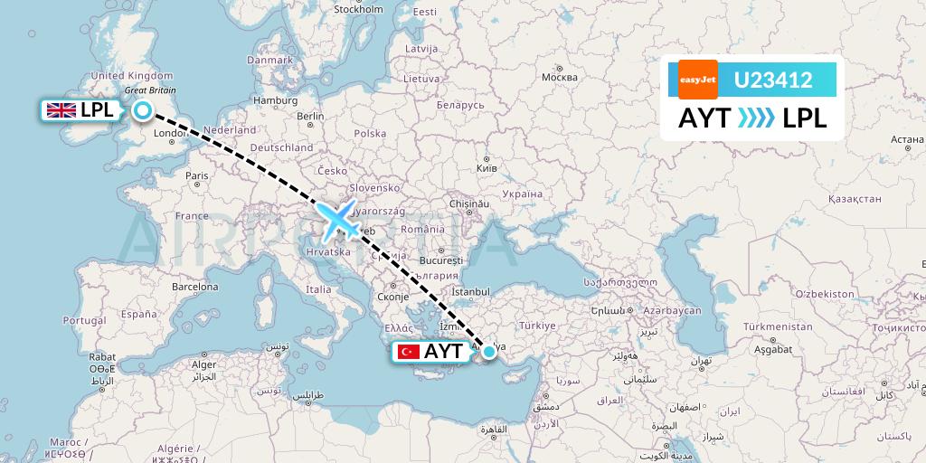 U23412 EasyJet Flight Map: Antalya to Liverpool