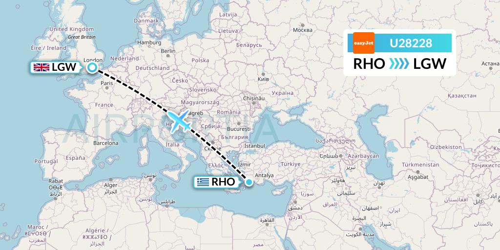 U28228 EasyJet Flight Map: Rhodes to London