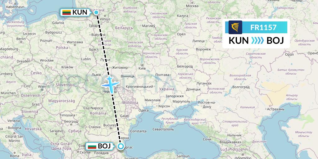 FR1157 Ryanair Flight Map: Kaunas to Burgas