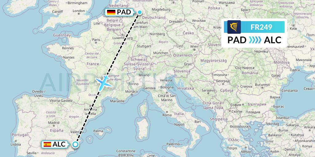 FR249 Ryanair Flight Map: Paderborn to Alicante