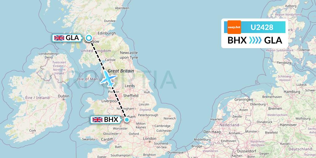 U2428 EasyJet Flight Map: Birmingham to Glasgow