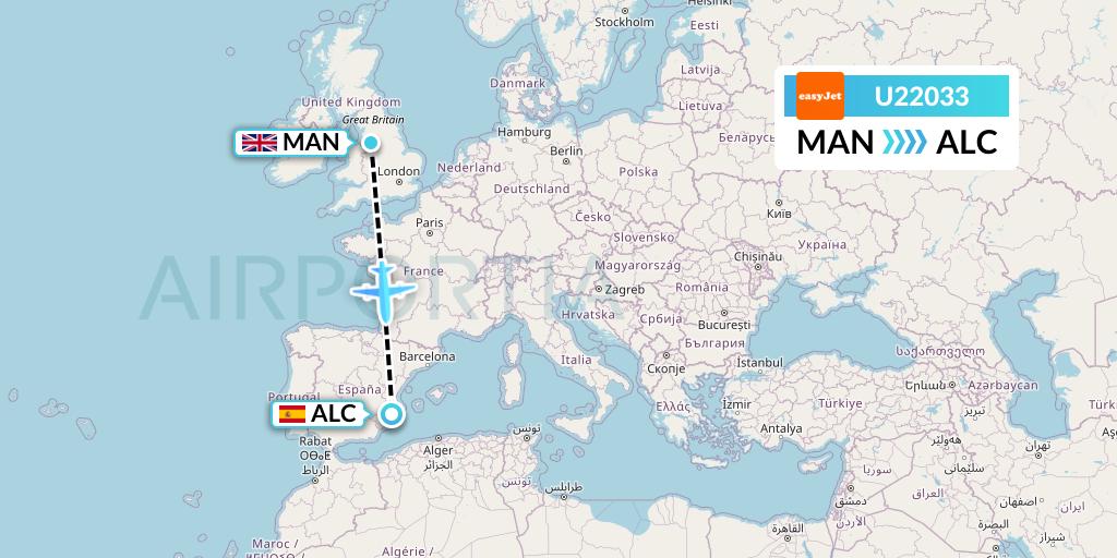 U22033 EasyJet Flight Map: Manchester to Alicante