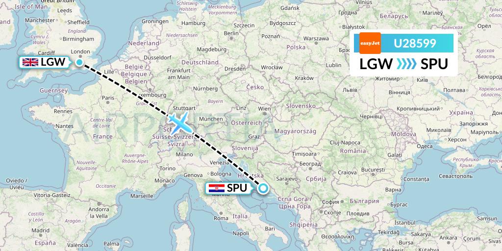 U28599 EasyJet Flight Map: London to Split