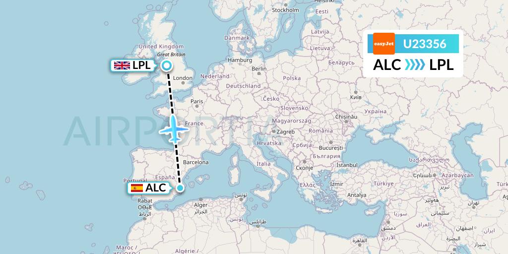 U23356 EasyJet Flight Map: Alicante to Liverpool
