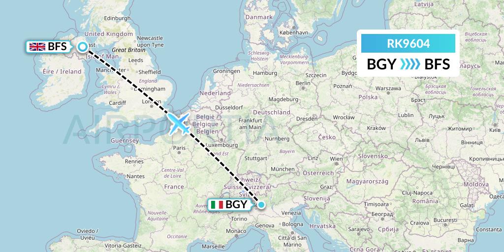 RK9604 Ryanair UK Flight Map: Milan to Belfast