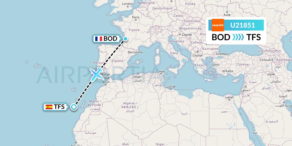 U21851 EasyJet Flight Map: Bordeaux to Tenerife