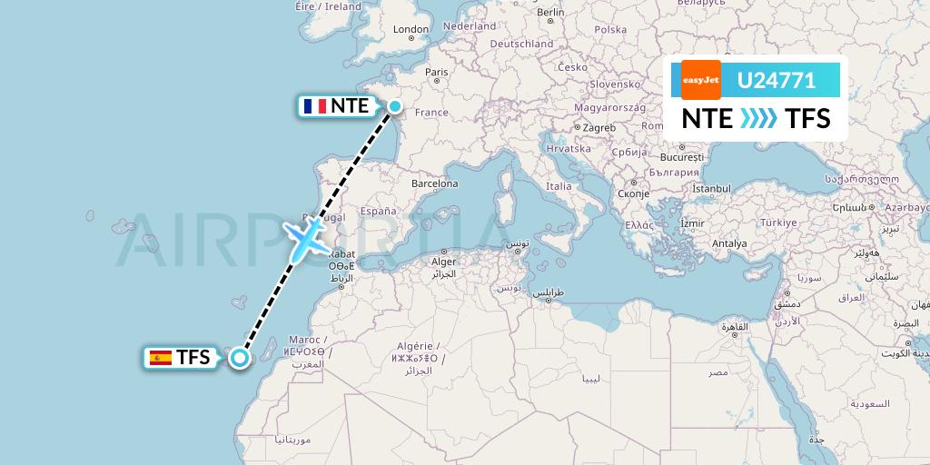 U24771 EasyJet Flight Map: Nantes to Tenerife