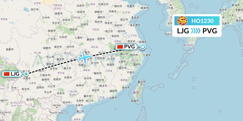HO1230 Juneyao Airlines Flight Map: Lijiang to Shanghai