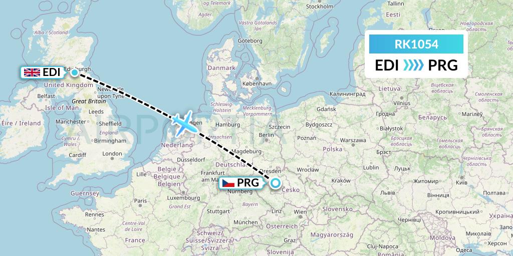 RK1054 Ryanair UK Flight Map: Edinburgh to Prague