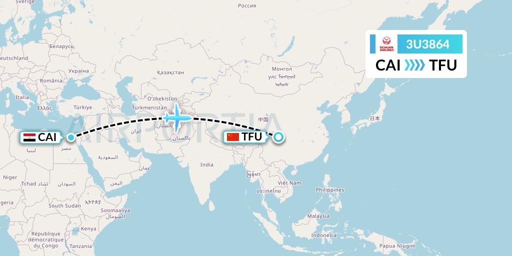 3U3864 Sichuan Airlines Flight Map: Cairo to Chengdu
