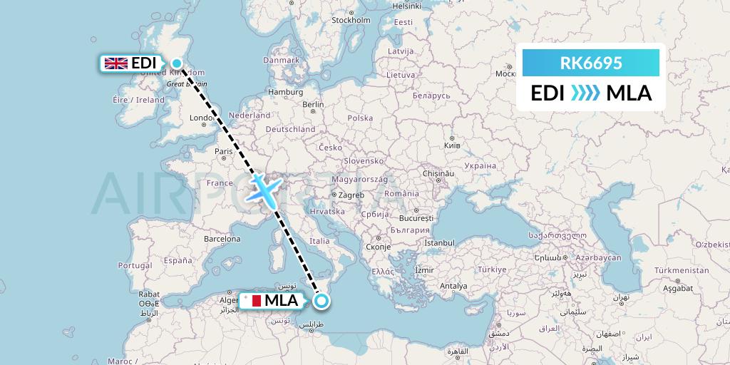 RK6695 Ryanair UK Flight Map: Edinburgh to Malta