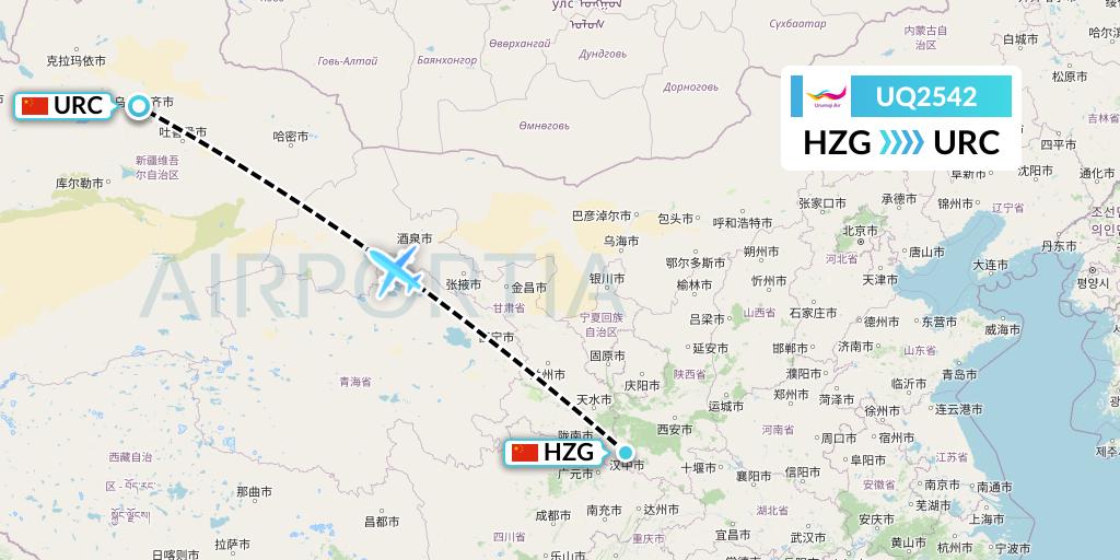 UQ2542 Urumqi Airlines Flight Map: Hanzhong to Urumqi