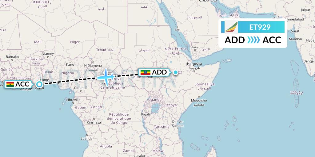ET929 Ethiopian Airlines Flight Map: Addis Ababa to Accra