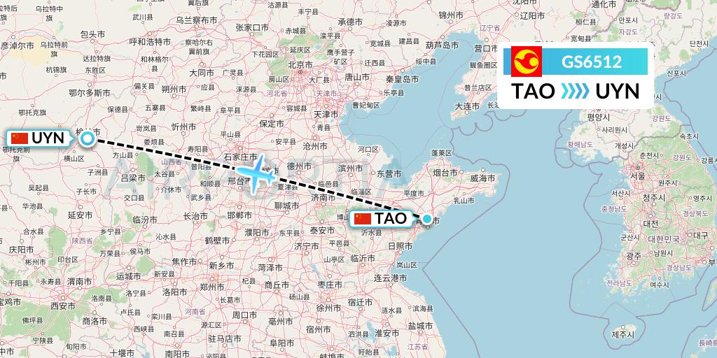 GS6512 Tianjin Airlines Flight Map: Qingdao to Yulin