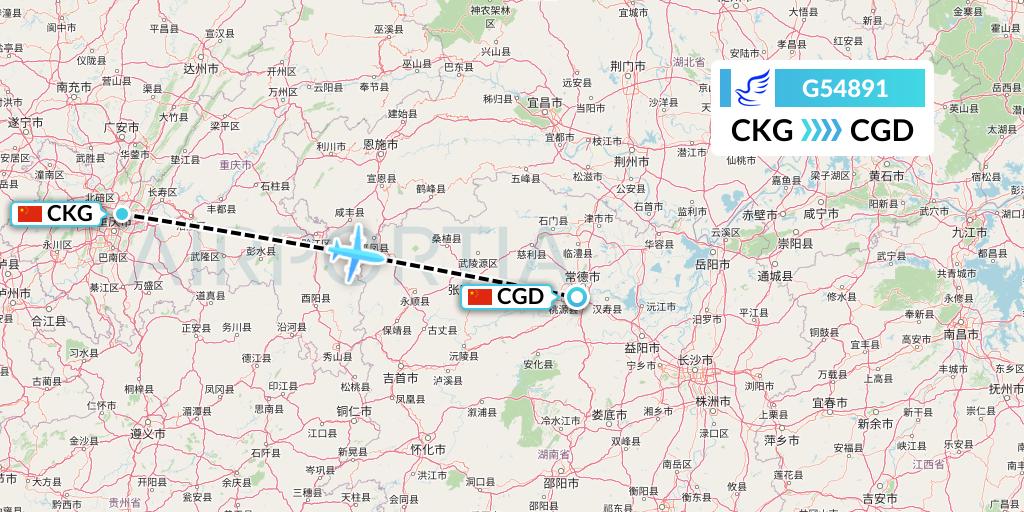 G54891 China Express Airlines Flight Map: Chongqing to Changde
