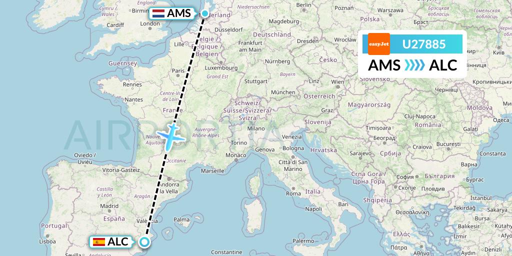 U27885 EasyJet Flight Map: Amsterdam to Alicante