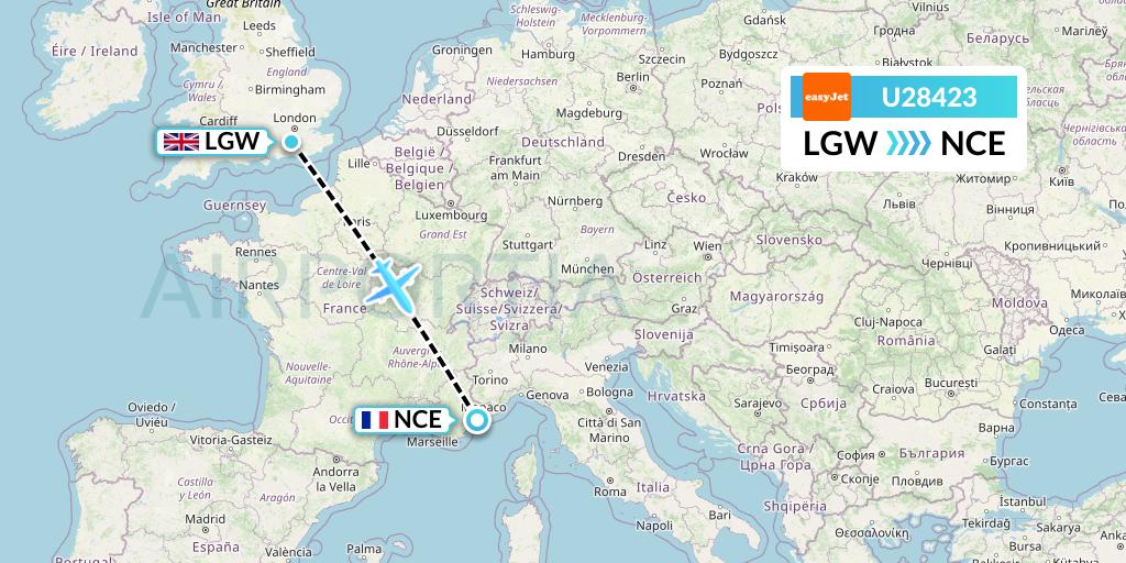 U28423 EasyJet Flight Map: London to Nice